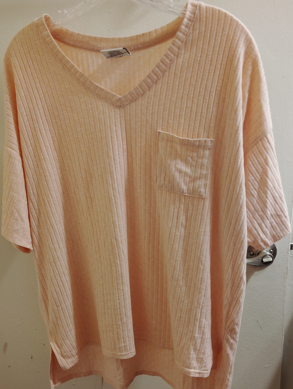 Wonderly Ribbed V-Neck Short Sleeve Pocket Top - Peach